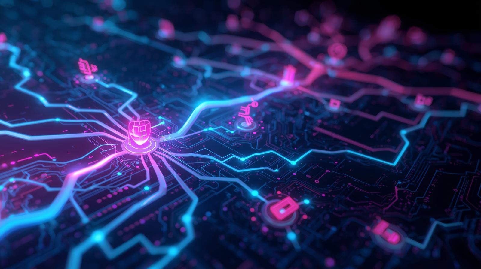 Abstract visualization of artificial intelligence evolution in 2026, branching network of glowing neural pathways connecting icons for content, code, analytics, customer support and research, subtle circuit patterns in background, modern in.jpg